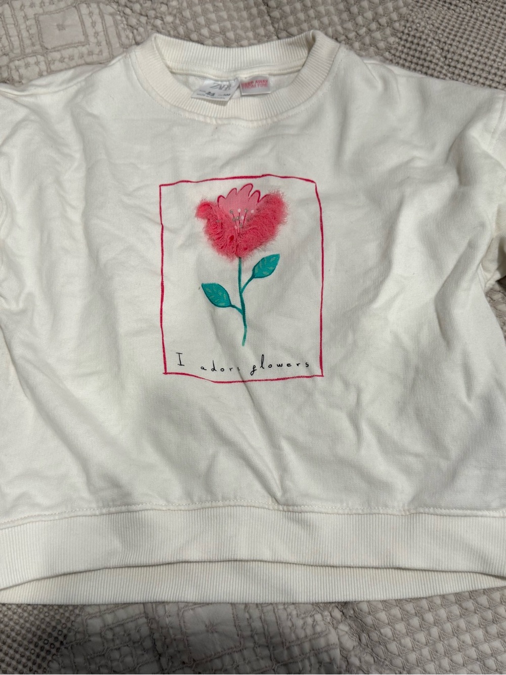 Zara White Sweatshirt with Pink Fuzzy Flower